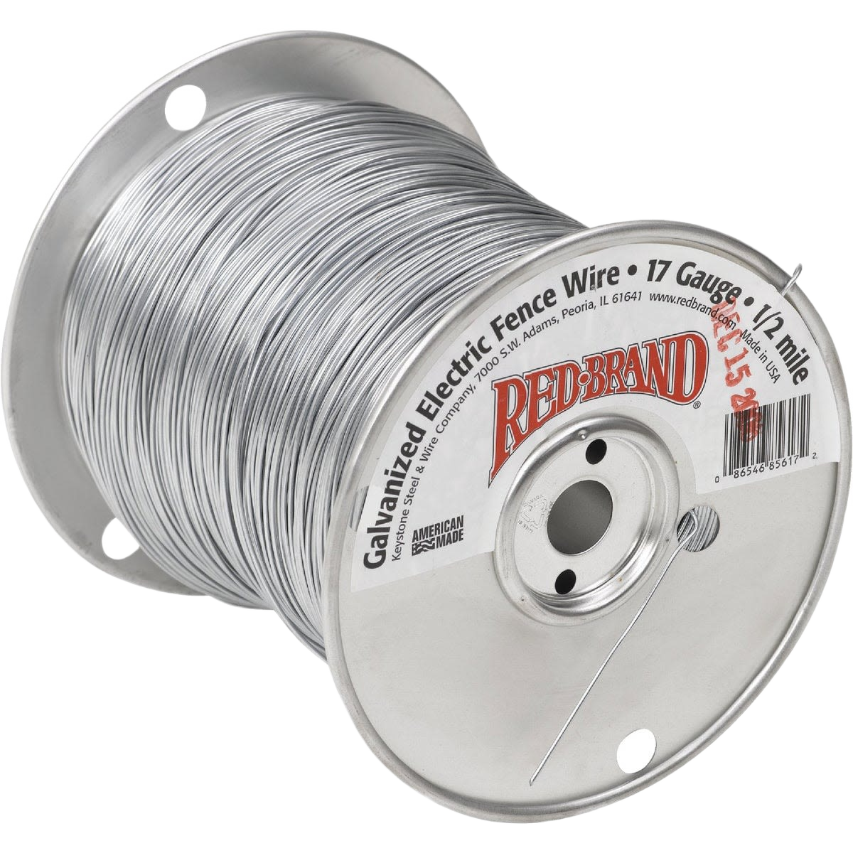 Spool of galvanized steel electric fence wire with branded label for tools and home improvement use