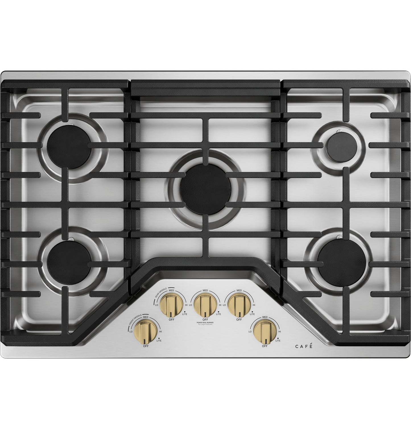 Stainless steel 30-inch gas cooktop with five burners and bronze control knobs from kitchenware and appliances collections