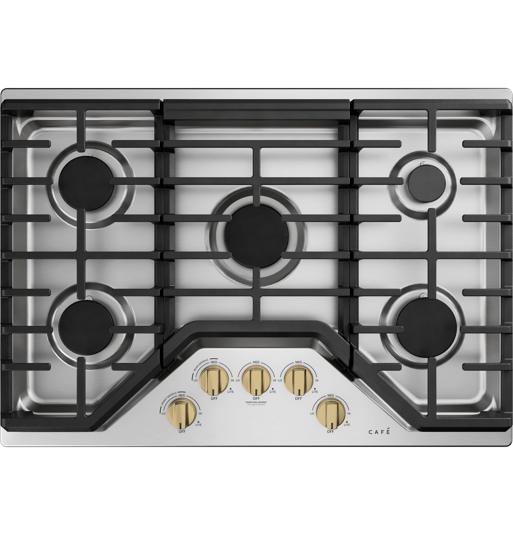 Stainless steel 30-inch gas cooktop with five burners and bronze control knobs from kitchenware and appliances collections