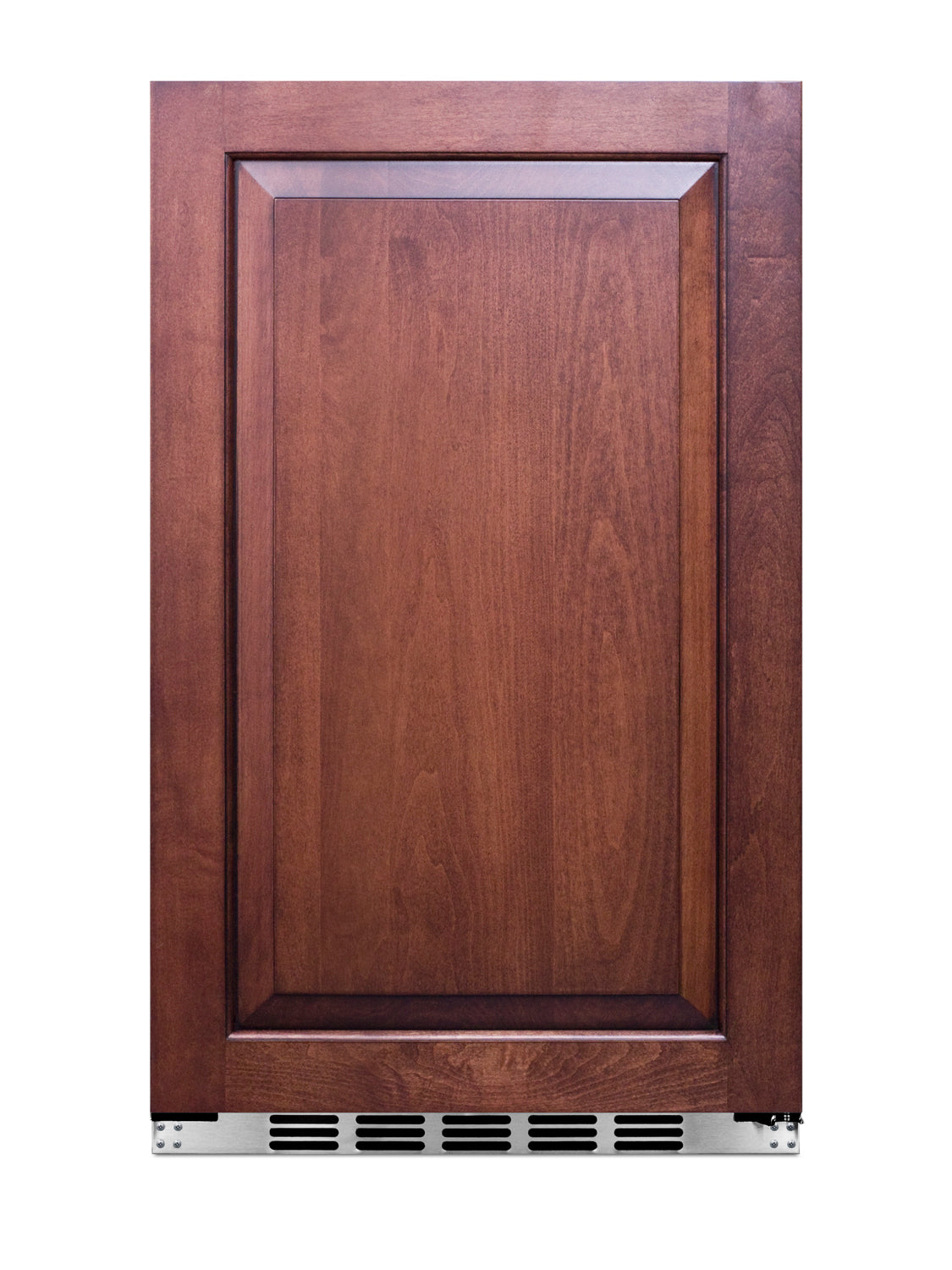 Undercounter built-in refrigerator with dark wood panel front and stainless steel vent, suitable for kitchen appliances collection
