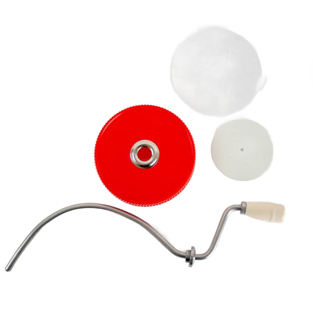 Disassembled peanut butter stirrer with red circular top, metal crank, and white handle in Kitchenware and Utensils collections under $50