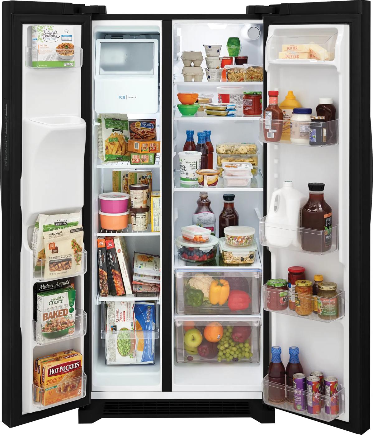 33-inch standard depth side-by-side refrigerator with black finish and organized fresh food and freezer compartments in appliances collection
