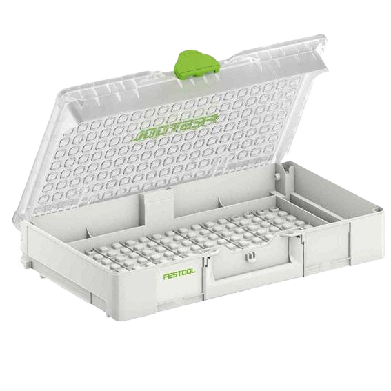 Compact plastic organizer with adjustable compartments and clear lid for tool storage and workshop organization
