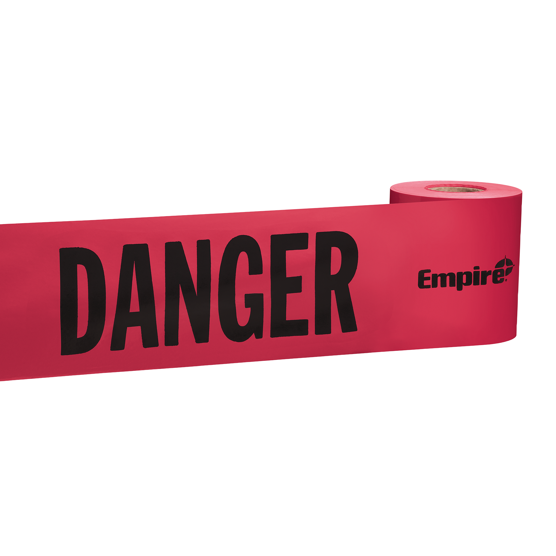Roll of red warning tape with black "DANGER" text and Empire logo for safety and hazard marking purposes