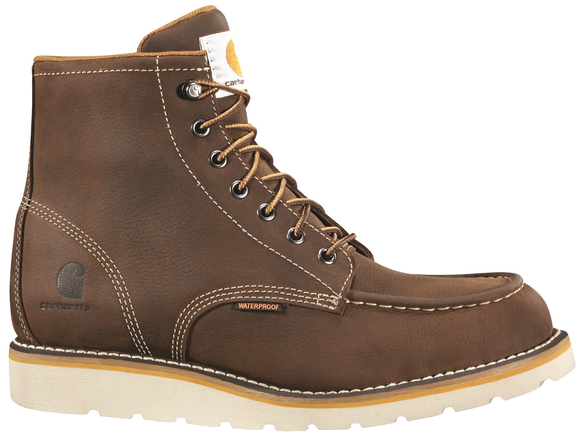 Dark brown oil tanned waterproof wedge work boot with durable leather upper and branded logo on heel panel