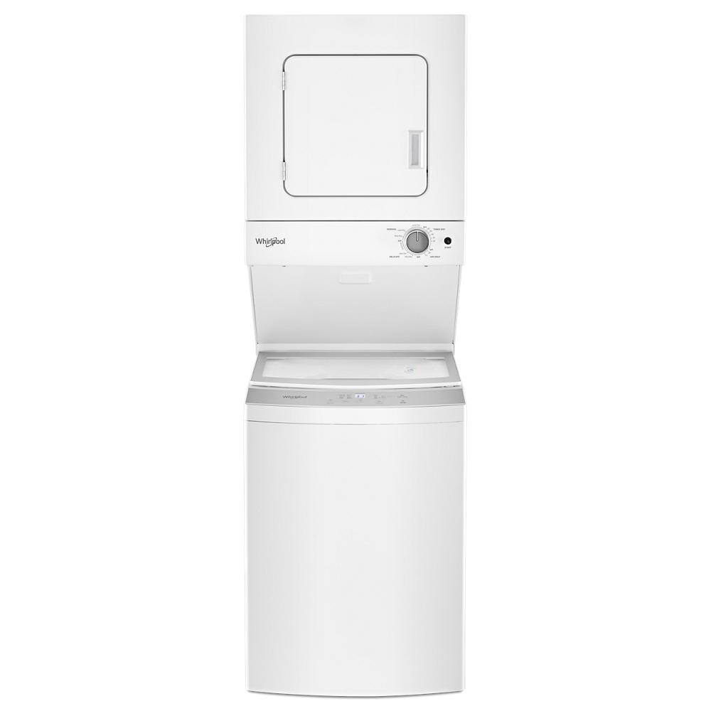 White stacked laundry center with top load washer and front load electric dryer featuring dial controls and clear lid, part of appliance laundry centers at Hartville Hardware.
