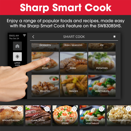 Hand selecting pizza option on Sharp smart cook touchscreen in modern kitchen appliance interface