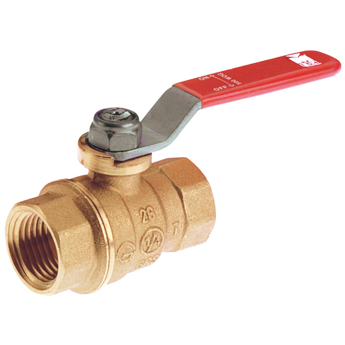 Forged brass full port ball valve with red lever handle for plumbing and home improvement projects