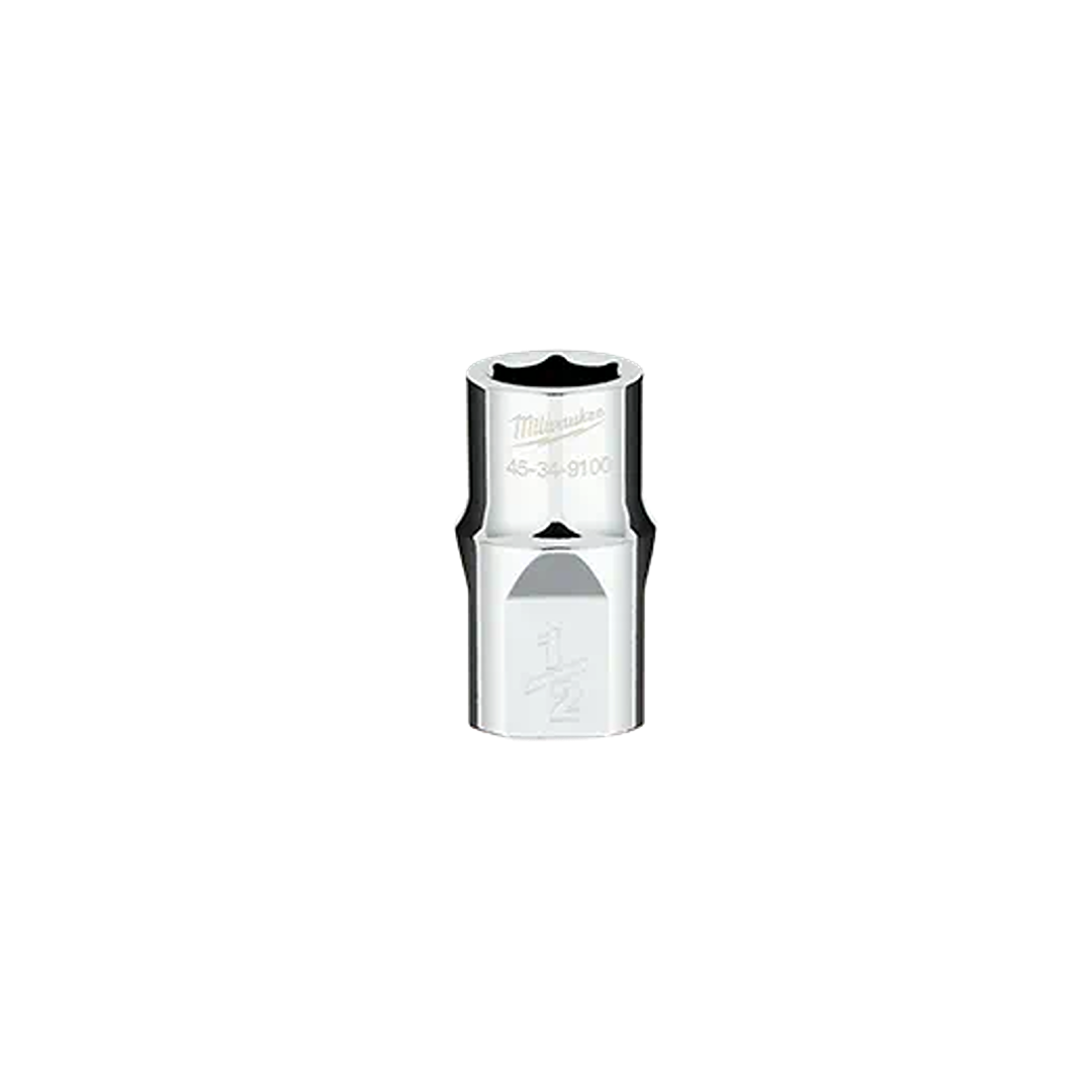 Chrome-finished deep socket with 1/2 inch drive and four flat sides for improved grip in tools and home improvement use