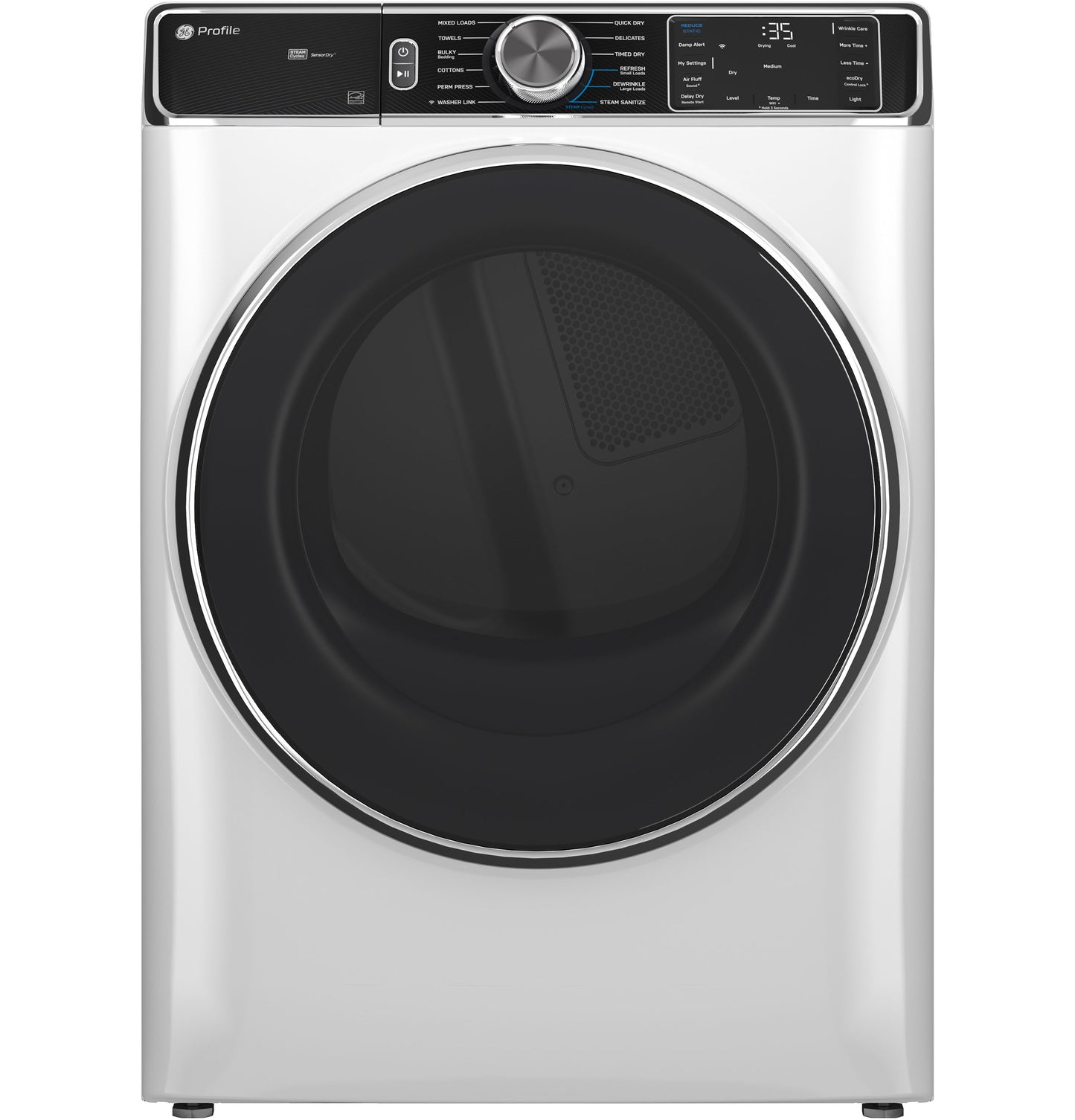 Smart front load gas dryer with large black tinted door and digital control panel in dryers and appliances collection