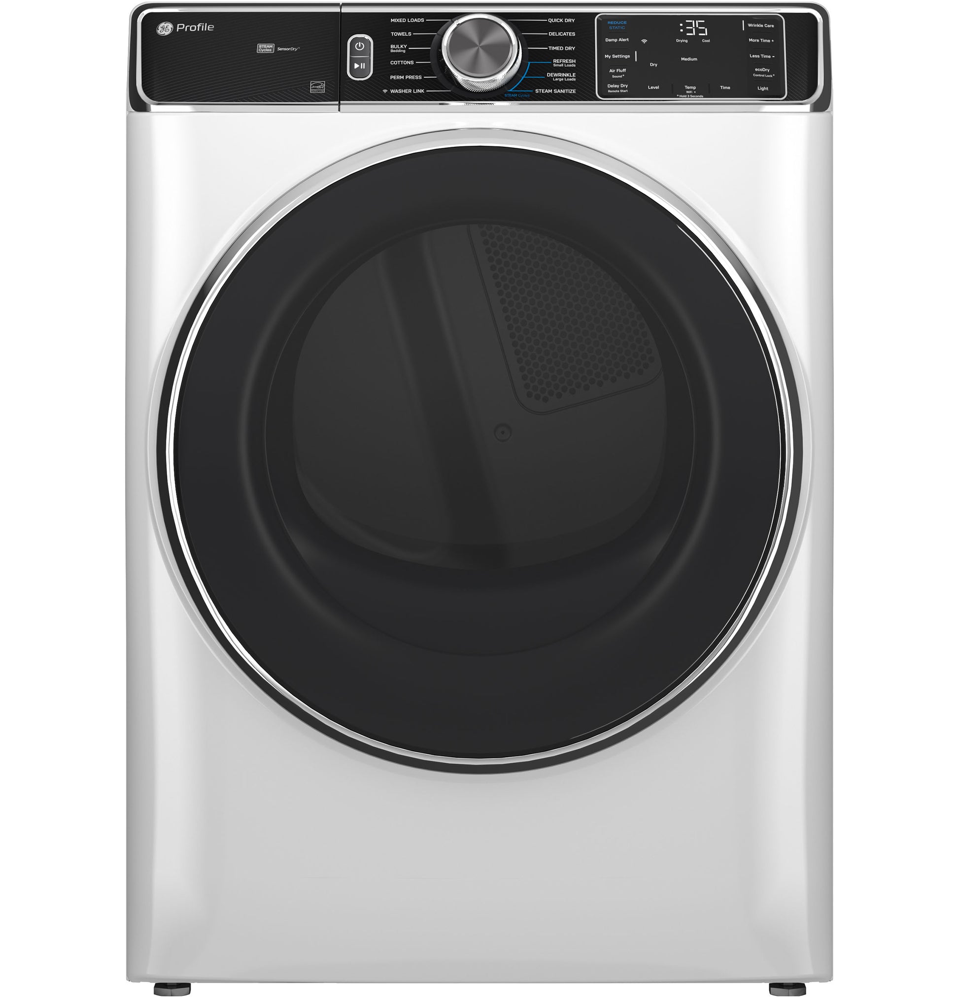 Smart front load gas dryer with large black tinted door and digital control panel in dryers and appliances collection