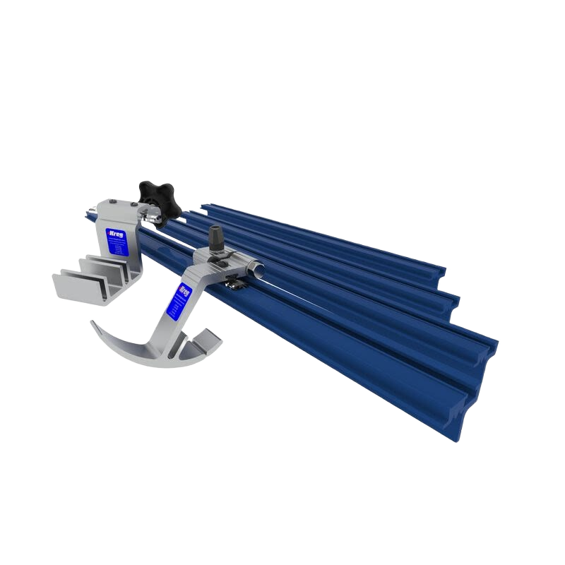 Blue aluminum precision track with adjustable stop and clamp for accurate wood cutting in saw accessories and tool collections