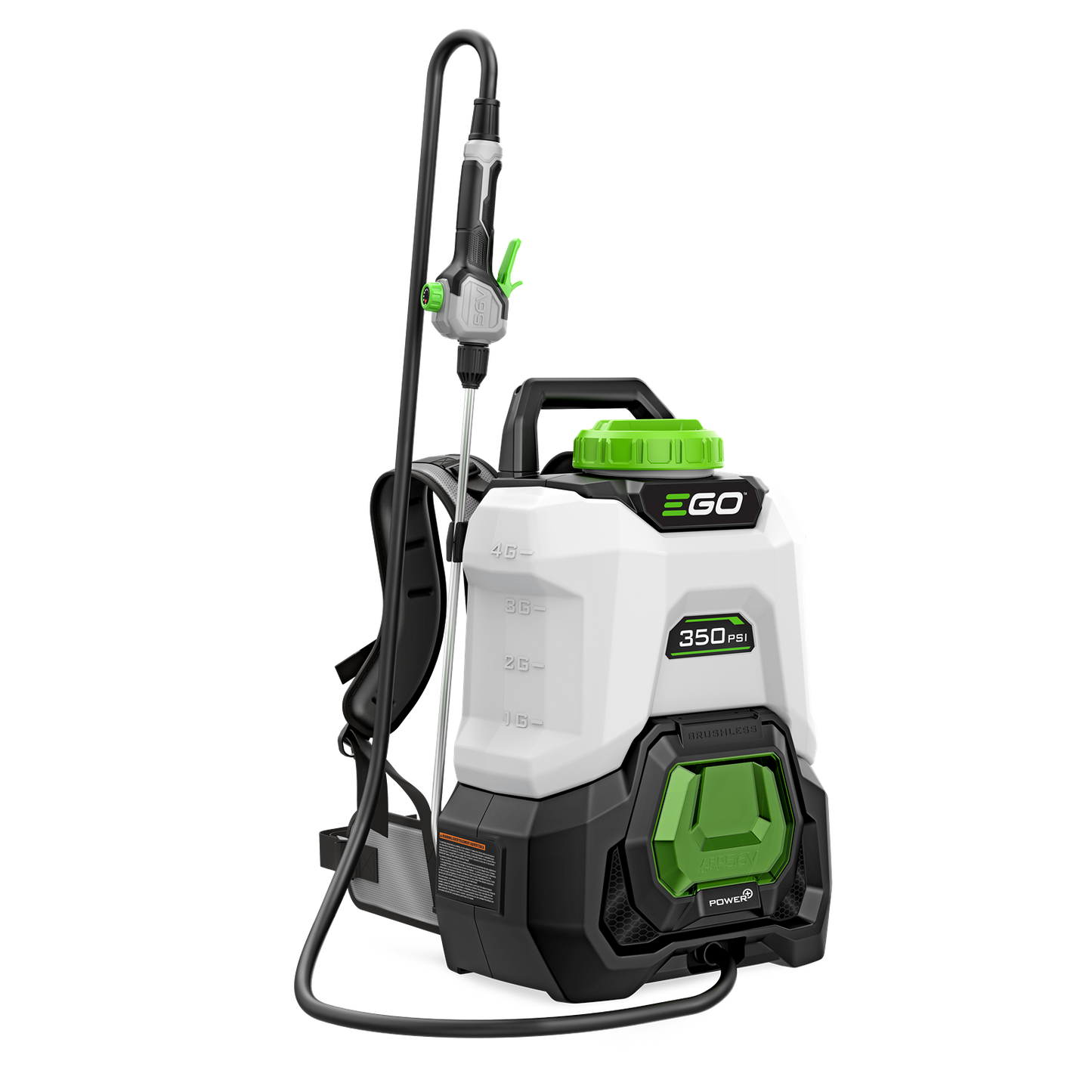 White and black backpack sprayer with green accents and adjustable wand for home improvement applications