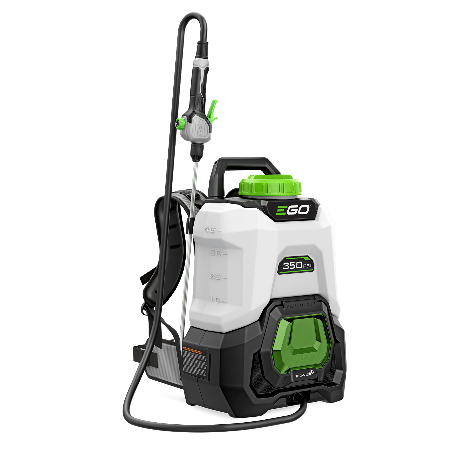 White and black backpack sprayer with green accents and adjustable wand for home improvement applications
