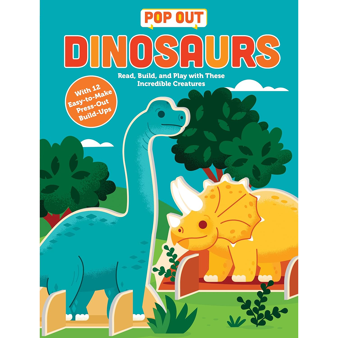 Bright illustrated book cover featuring friendly blue and yellow dinosaurs with trees in the background and pop-out build-up feature text