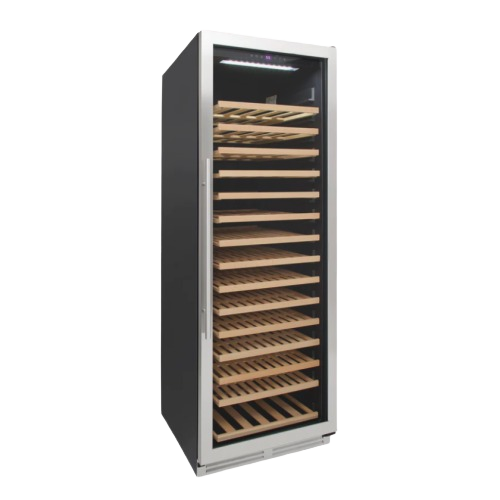 Tall black and stainless steel wine cooler with wooden racks and glass door in kitchen appliances collection
