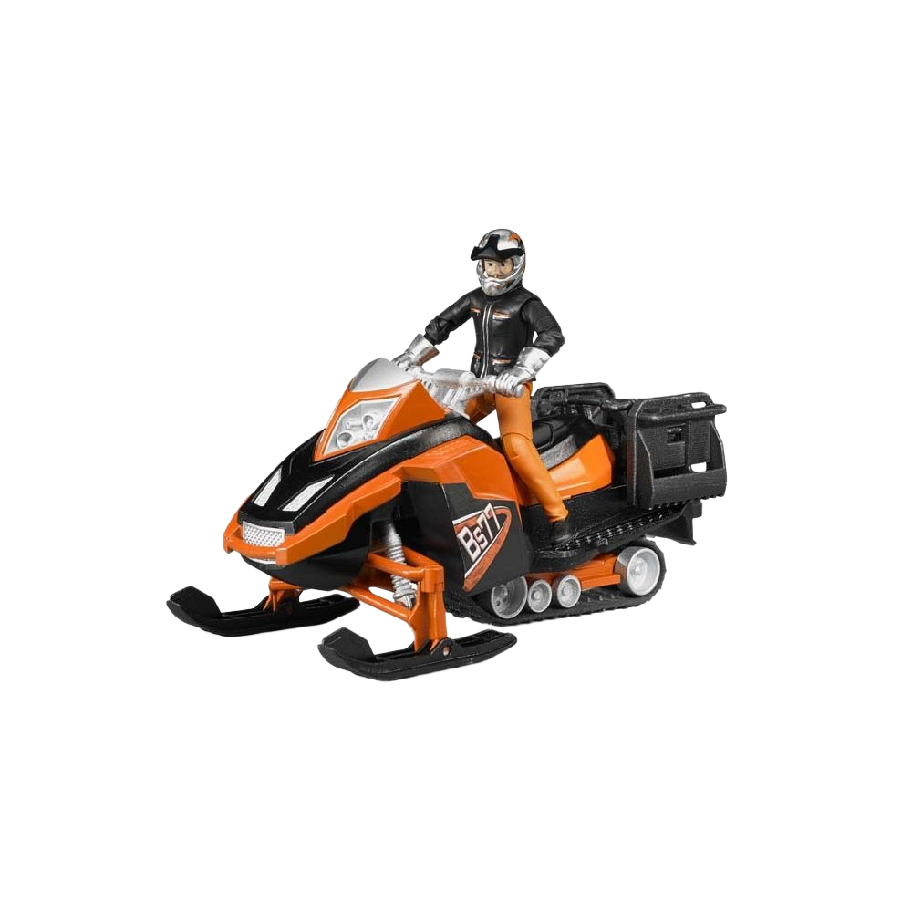 Orange and black 1:16 scale snowmobile model with driver figure and storage box accessory