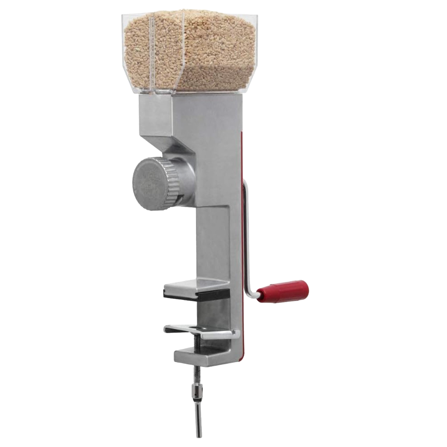 Compact grain mill with metal body, red handle, and clear hopper filled with grains for kitchen gadgets collection