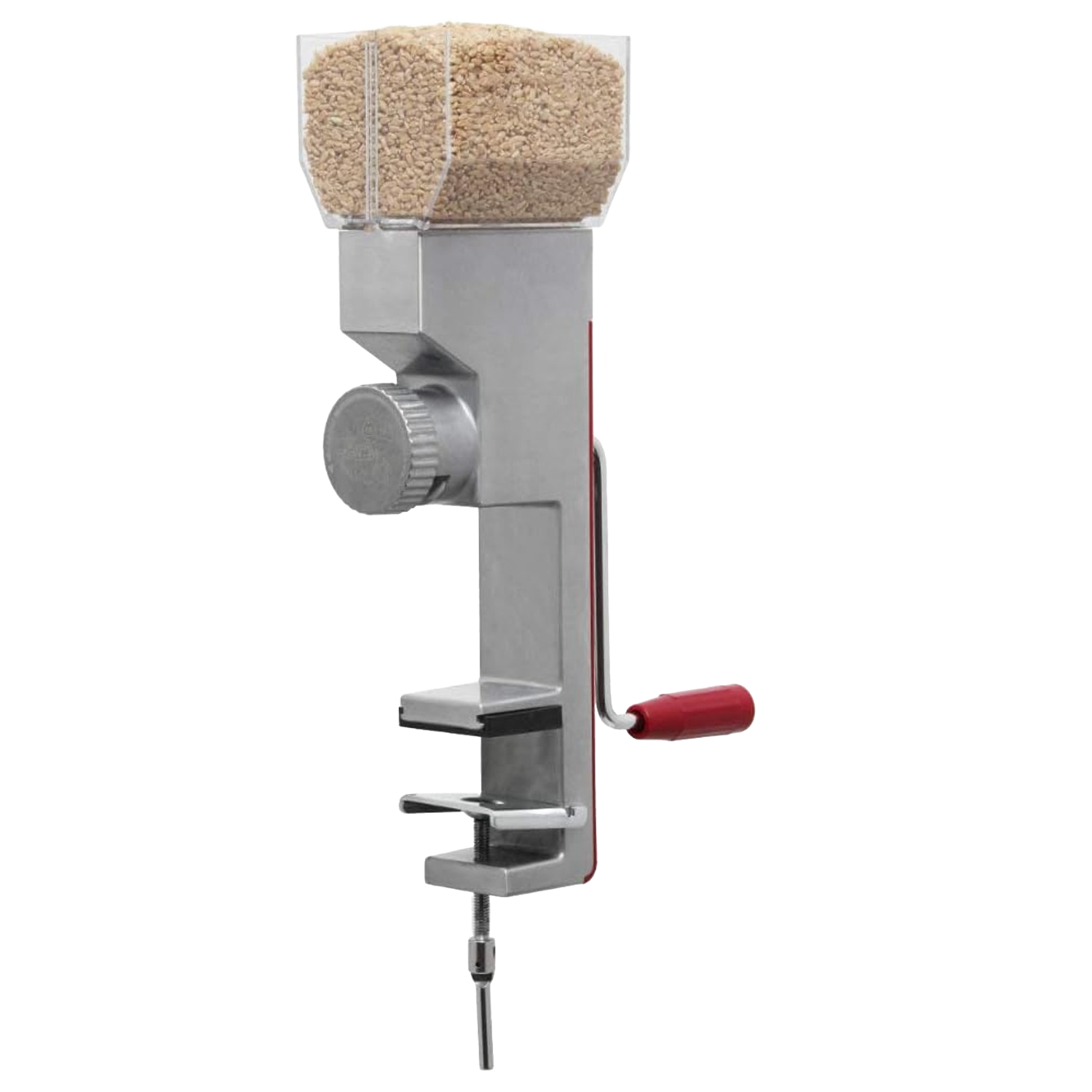 Compact grain mill with metal body, red handle, and clear hopper filled with grains for kitchen gadgets collection