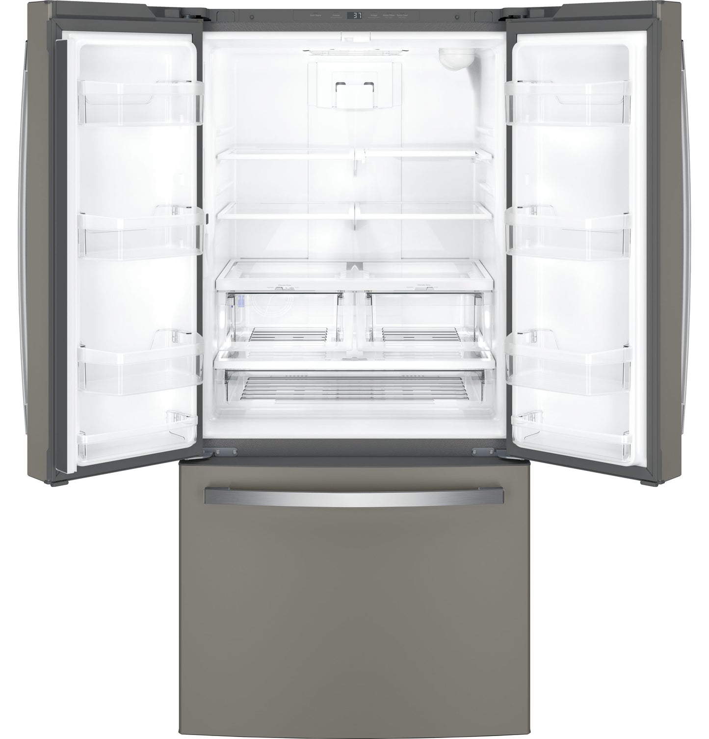 French-door refrigerator with matte finish, open to show adjustable shelves and spacious interior in kitchen appliances collection