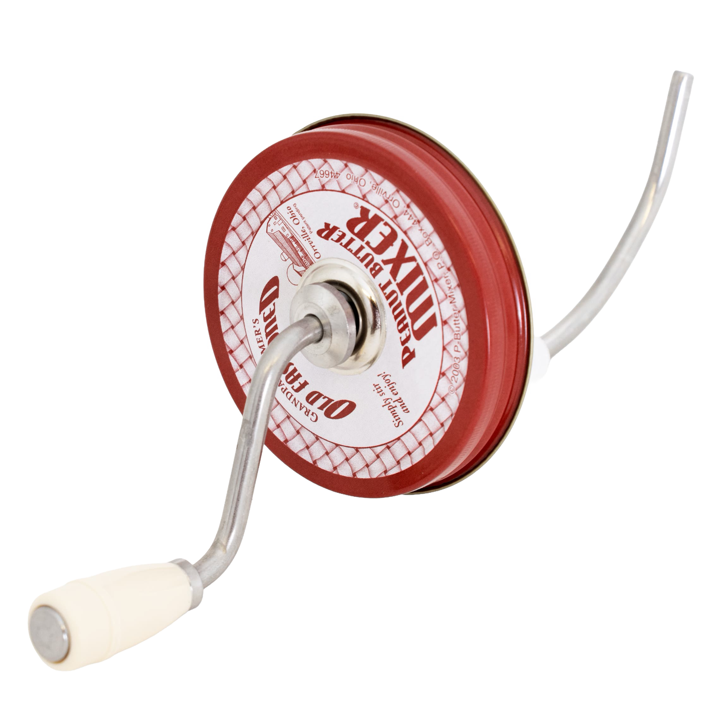 Vintage-style handheld peanut butter stirrer with metal crank and white handle in Kitchen Utensils under $50 collection
