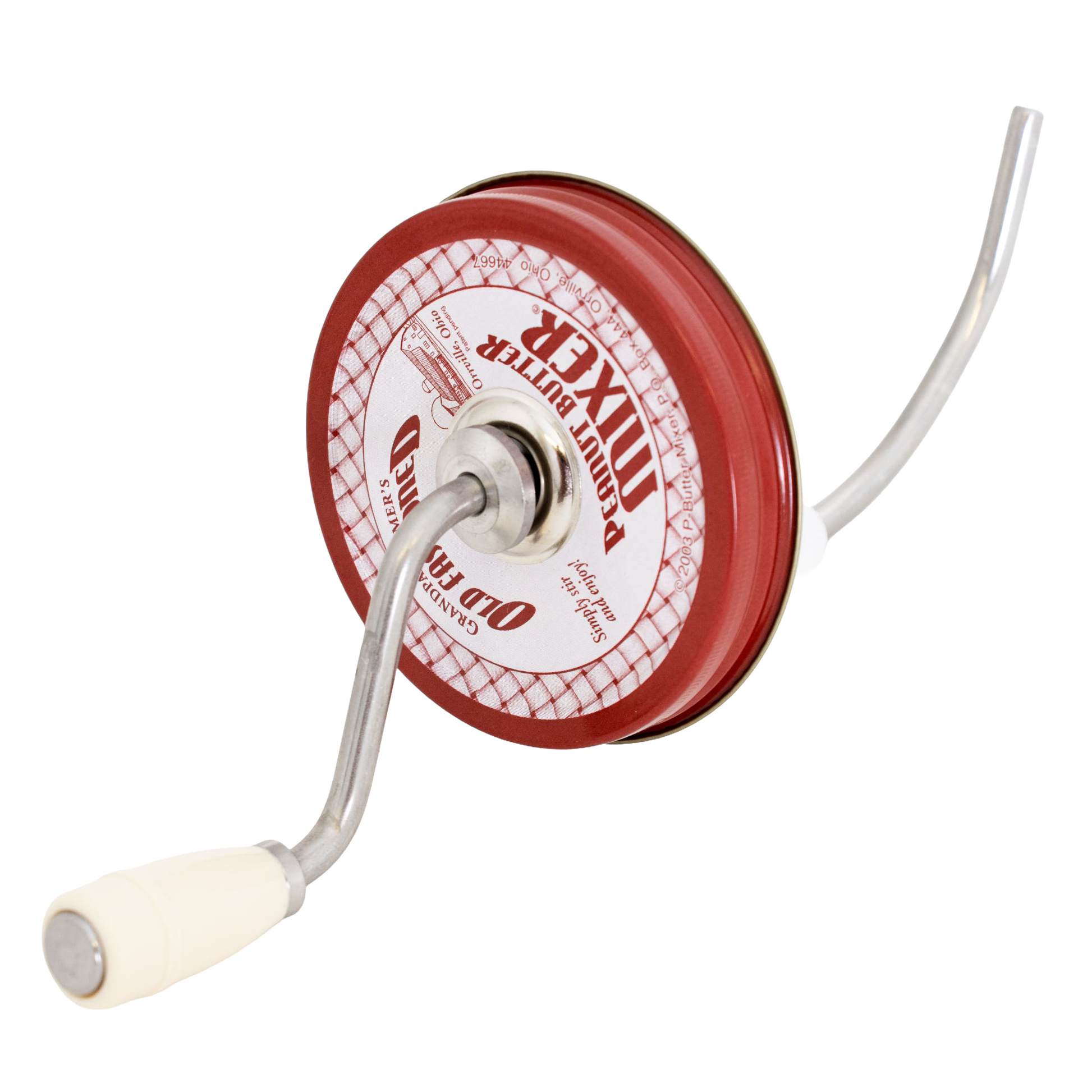 Vintage-style handheld peanut butter stirrer with metal crank and white handle in Kitchen Utensils under $50 collection