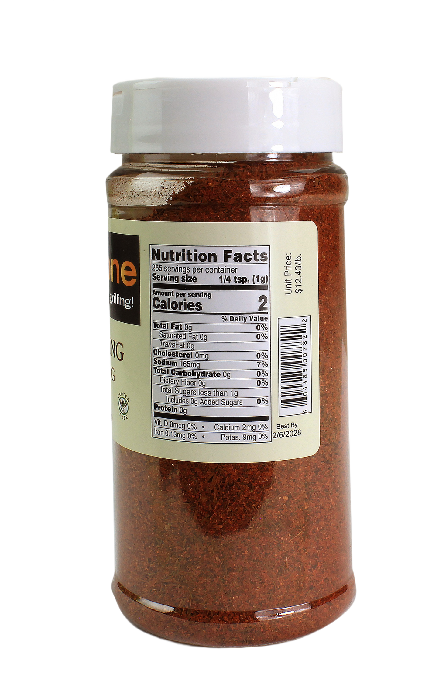 Transparent plastic container filled with red blackening seasoning showing detailed nutrition facts label