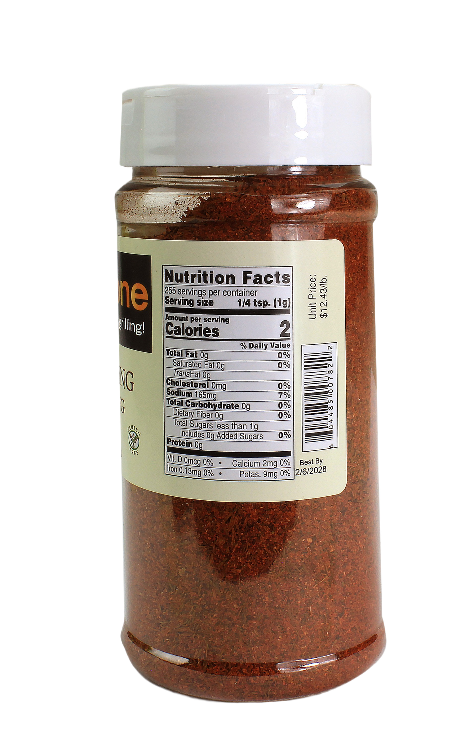 Transparent plastic container filled with red blackening seasoning showing detailed nutrition facts label