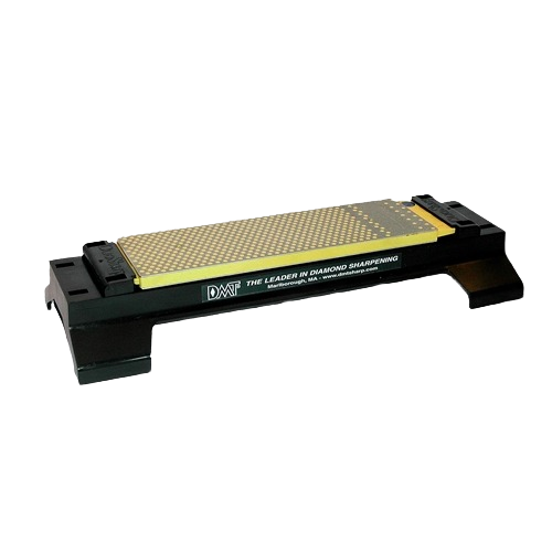 Diamond sharpening stone with dual fine and coarse surfaces mounted on black plastic base for home tool maintenance
