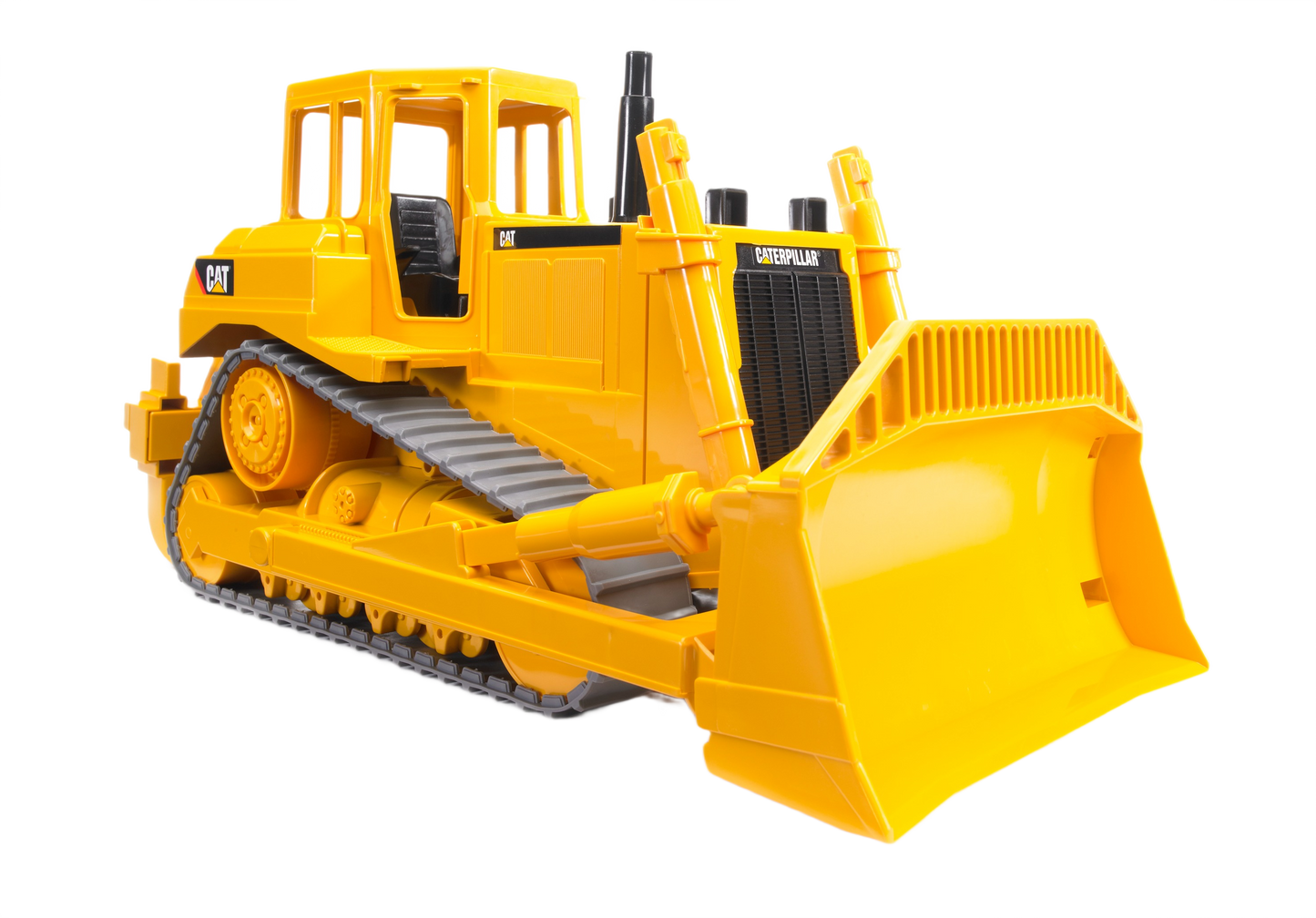 Yellow Bruder Caterpillar bulldozer with realistic tracks and large front blade for imaginative construction play
