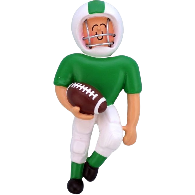 Cheerful football player figurine in green jersey and white pants holding brown football, holiday tree decoration under 50 dollars