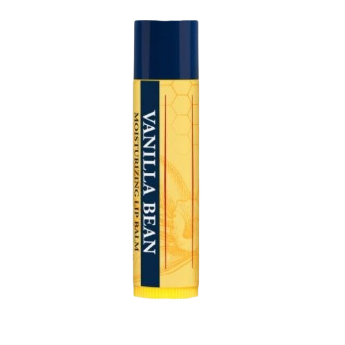 Yellow and navy tube of vanilla bean moisturizing lip balm with subtle honeycomb design on the label