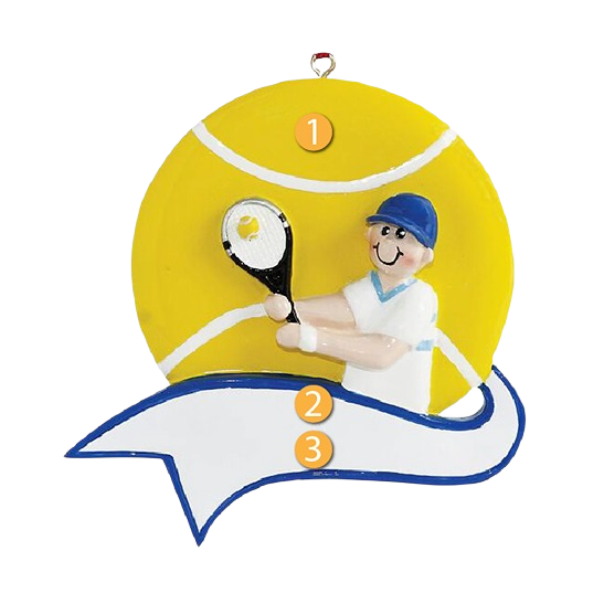 Decorative Christmas ornament featuring a boy in tennis outfit serving a ball on yellow tennis ball background