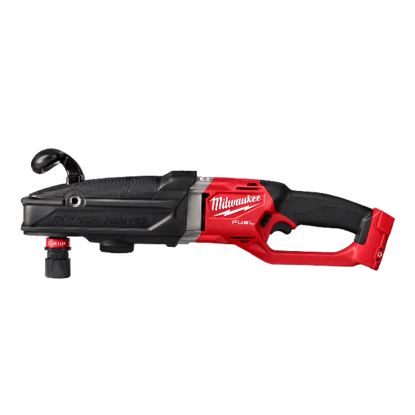 Red and black cordless right angle drill with ergonomic grip and QUIK-LOK system for versatile home improvement tasks
