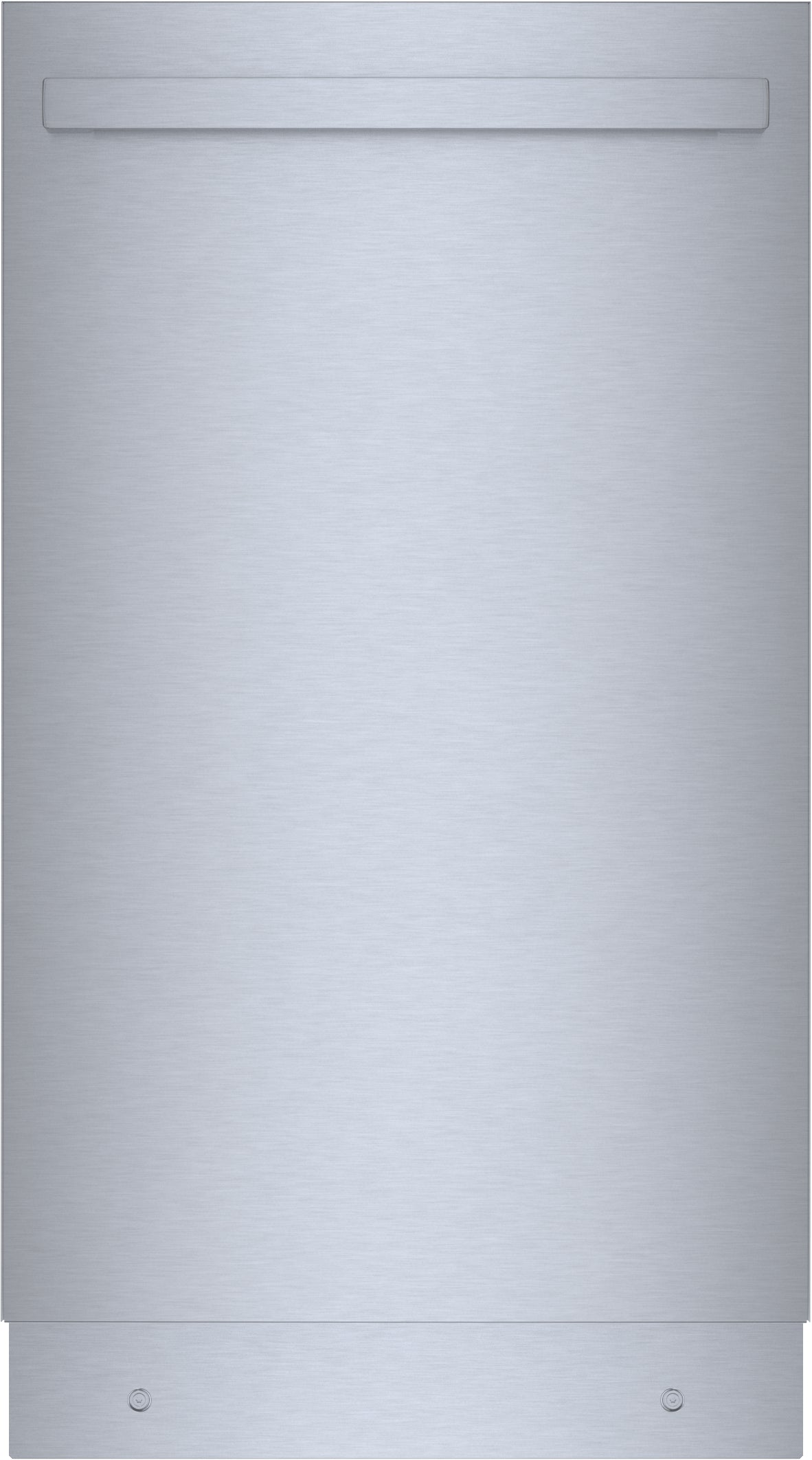 Front view of sleek stainless steel built-in dishwasher designed for compact kitchen spaces in Bosch appliances collection