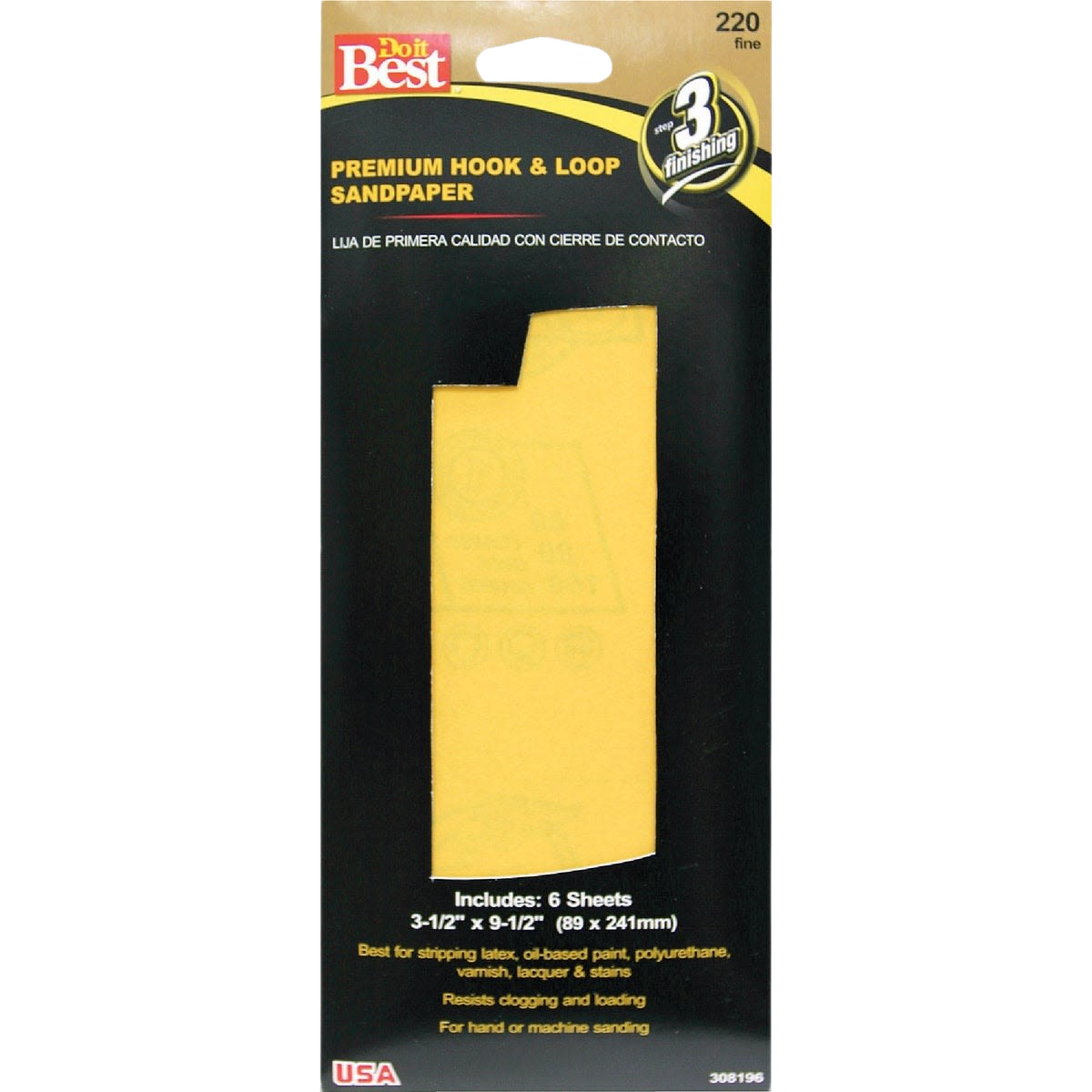 Do it Best 220-grit premium hook and loop sandpaper, 6 sheets in black and yellow packaging for home improvement tasks