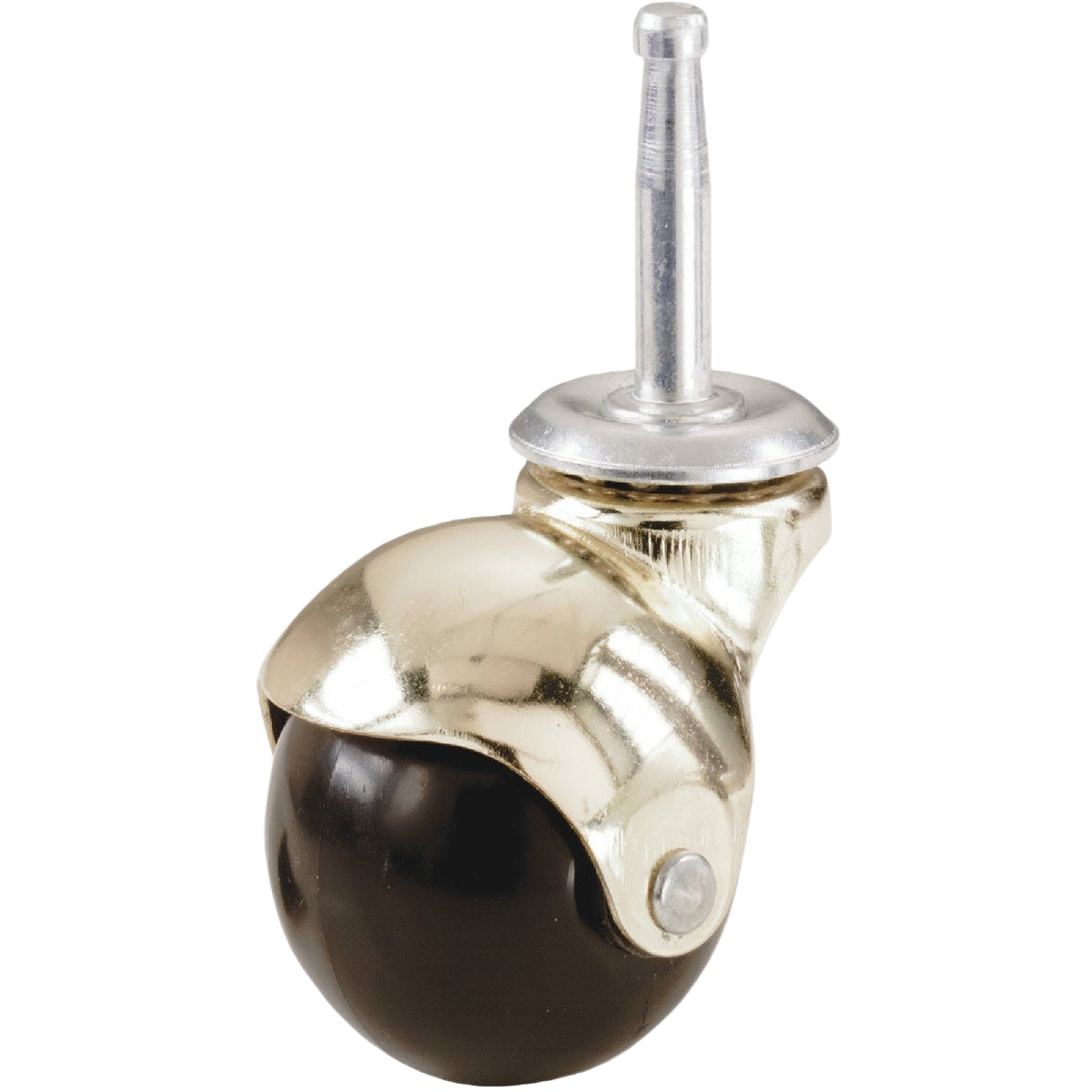 Swivel stem caster with brass hood and black ball wheel for smooth movement on hard floors in hardware and furniture accessories collections