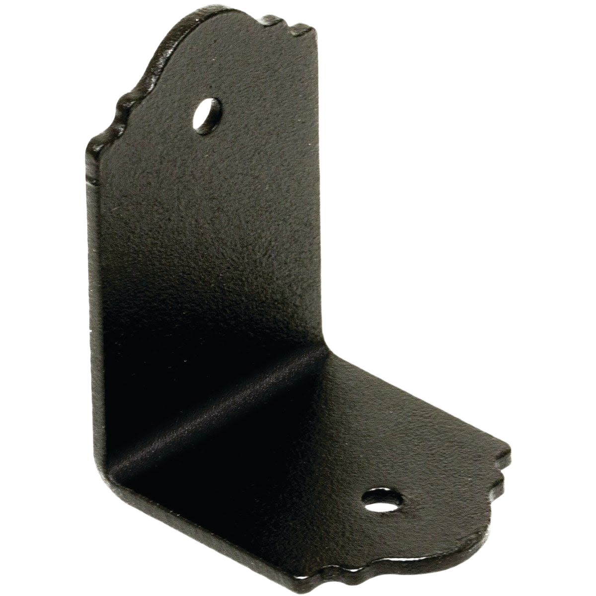 Black metal corner bracket with decorative edges and pre-drilled holes for lumber and building materials projects