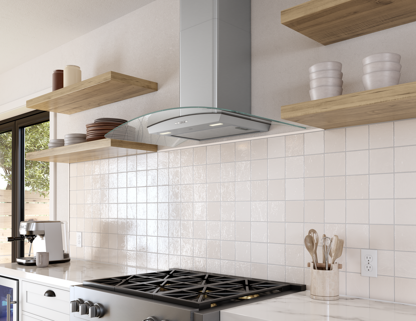 Curved glass wall-mounted range hood with LED lighting and stainless steel chimney above a gas cooktop in a modern kitchen, featured in Wall Mounted Range Hoods, Range Hoods, Kitchen & Kitchenware, All Products, and Appliances collections.