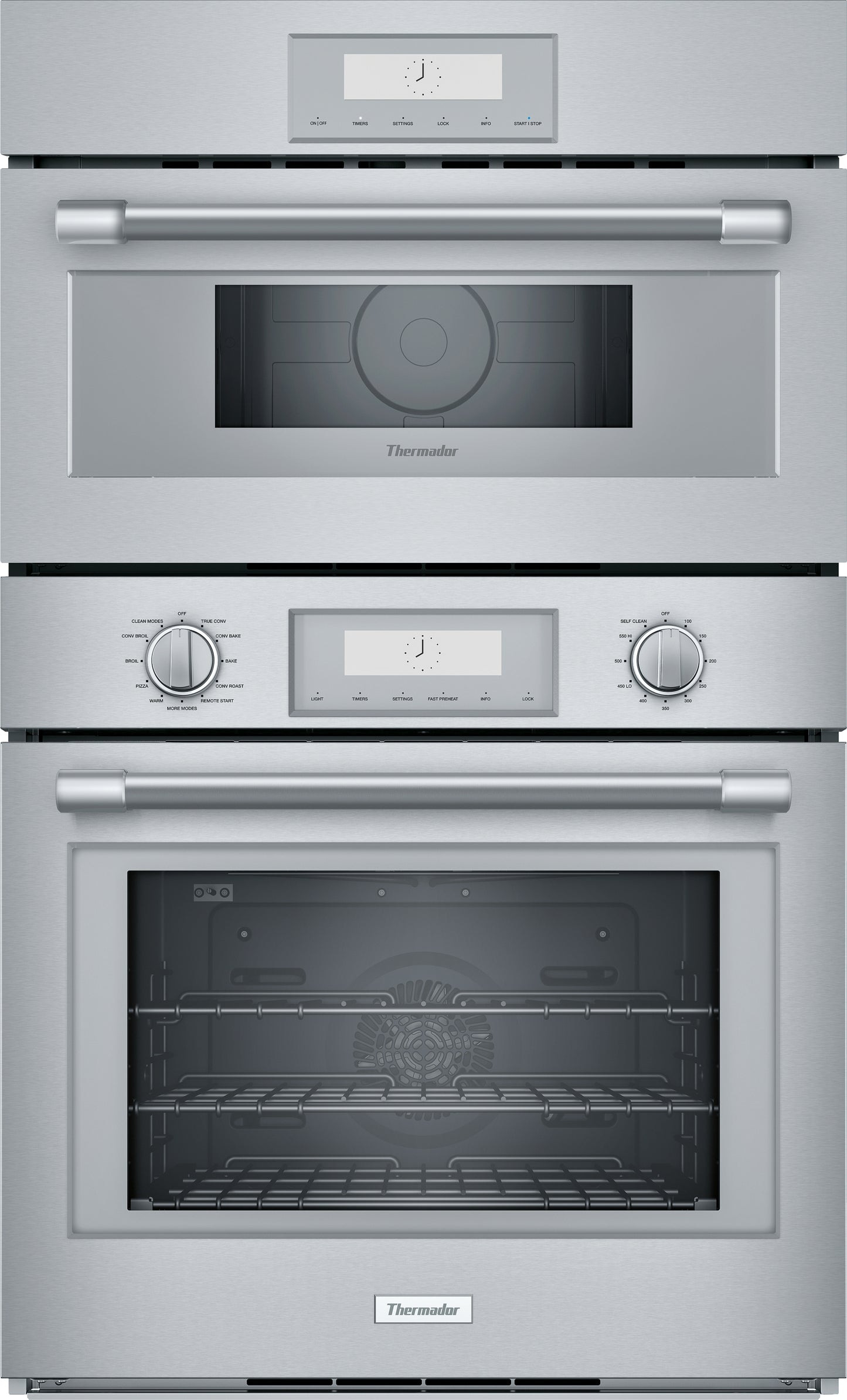 Stacked stainless steel wall ovens with digital displays, control knobs, and glass windows from Thermador kitchen appliances collection