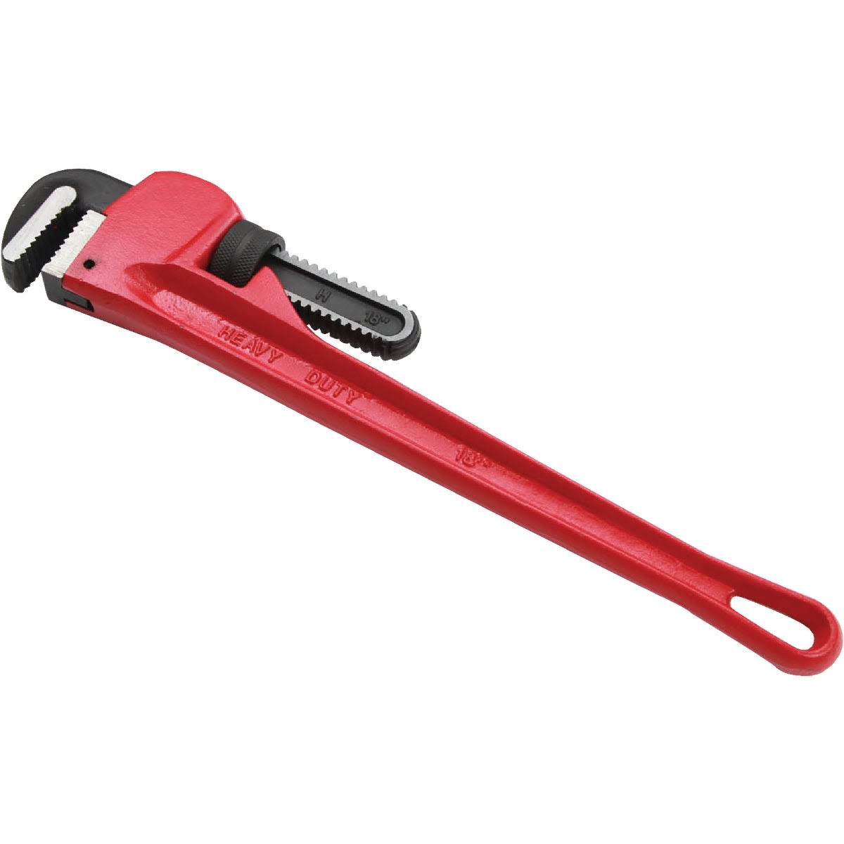 Red cast iron heavy-duty pipe wrench with black carbon steel jaw, ideal for plumbing tools and home improvement projects.
