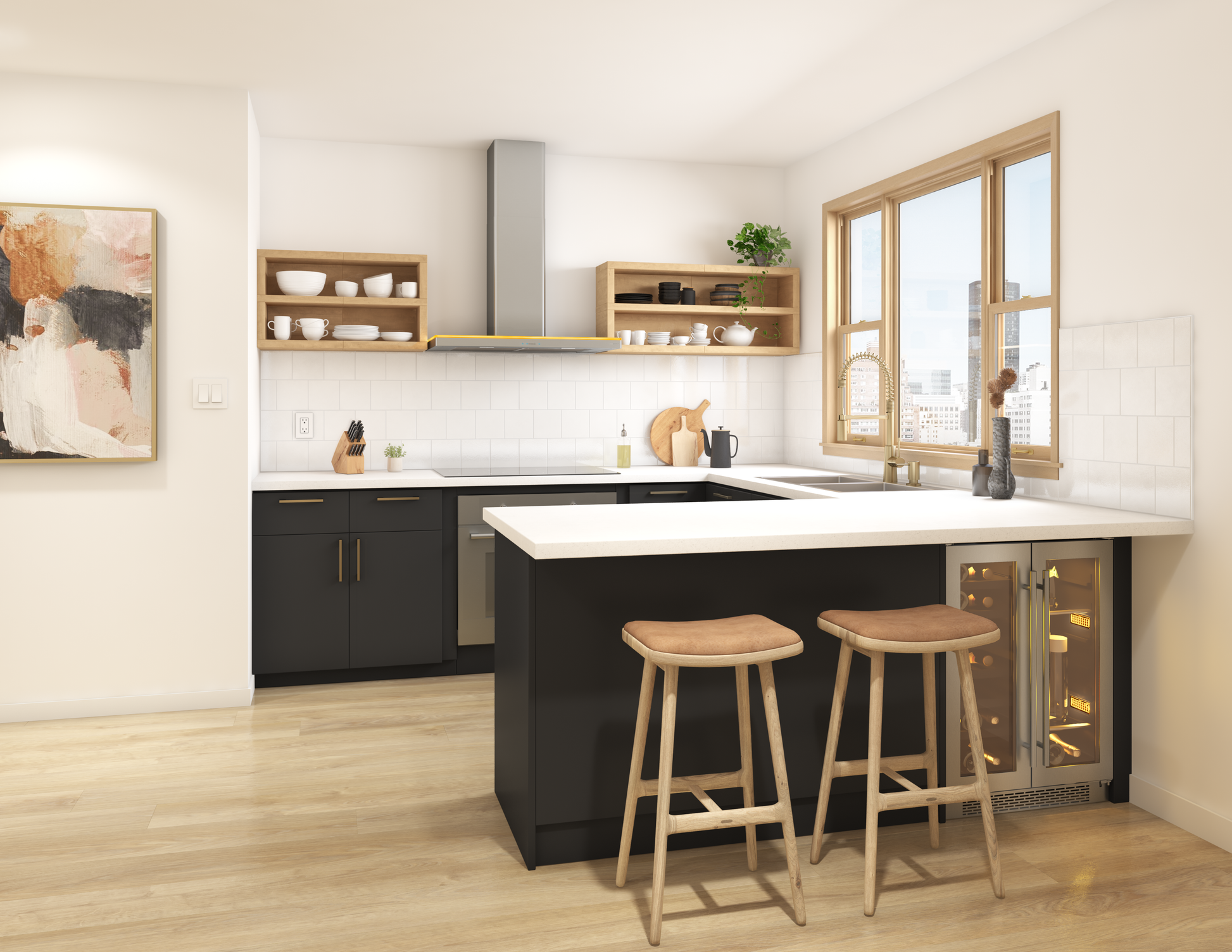 Modern kitchen featuring sleek wall-mounted stainless steel chimney hood with ambient LED lighting in Kitchen & Kitchenware collection