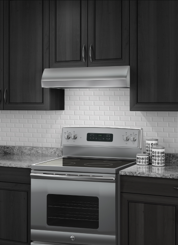 Under-cabinet stainless steel range hood with hidden rocker controls above modern electric stove in kitchen setting