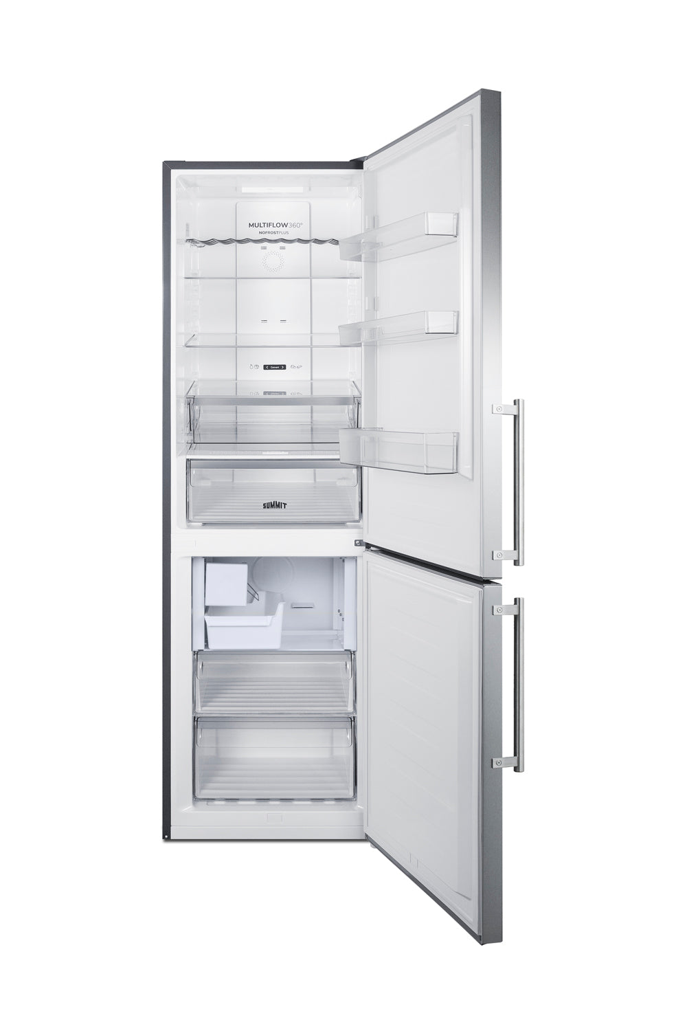 Open stainless steel bottom freezer refrigerator with icemaker, multiple shelves, and clear drawers in kitchen appliance setting