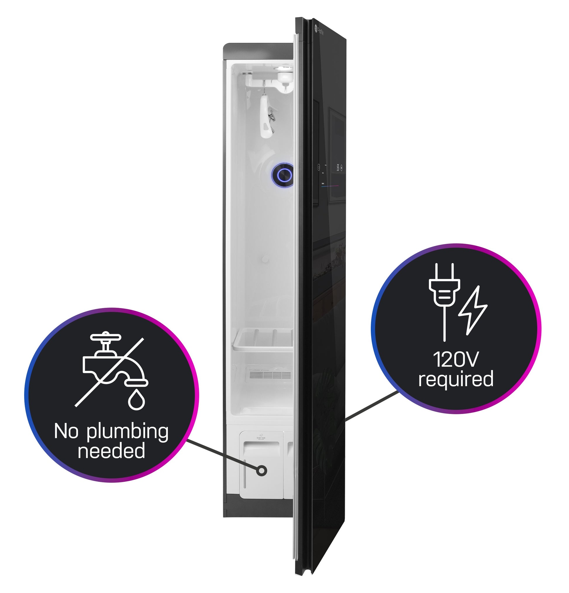 Tall black steam closet open to show interior with icons indicating no plumbing needed and 120V power required