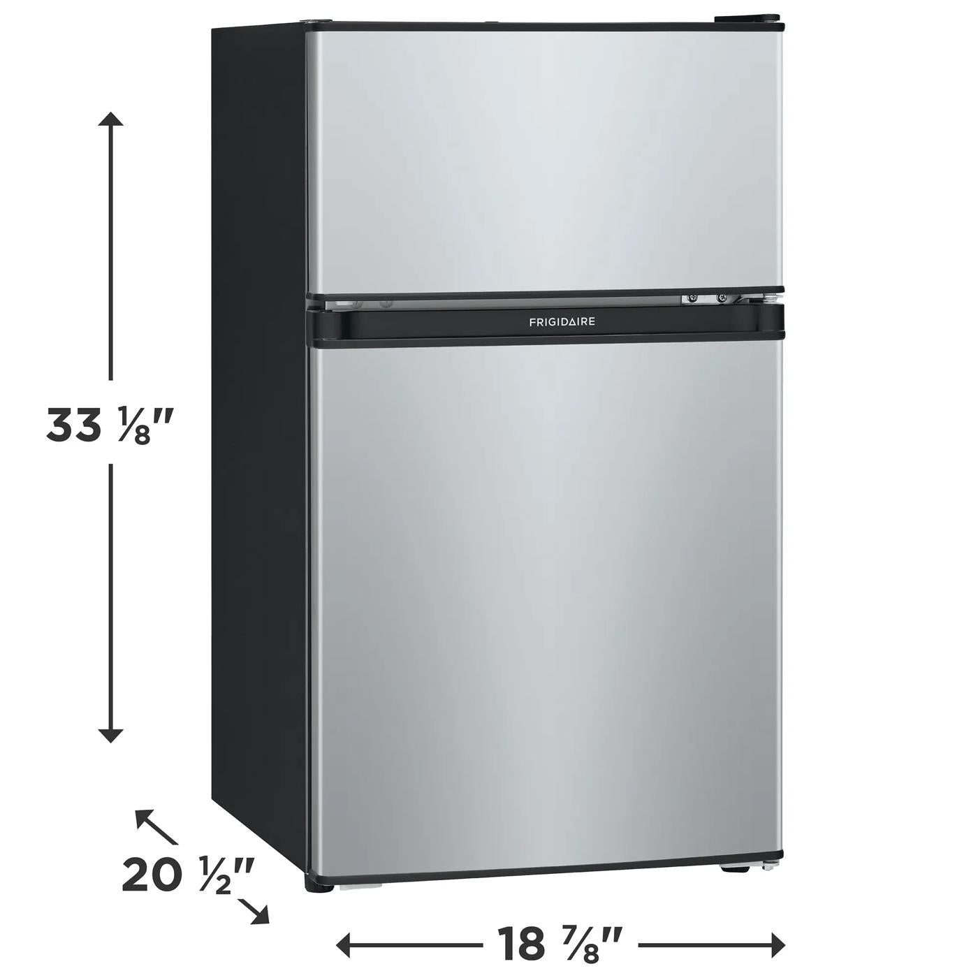 Silver and black compact refrigerator with top freezer door, ideal for kitchens and mini refrigerators appliance collection