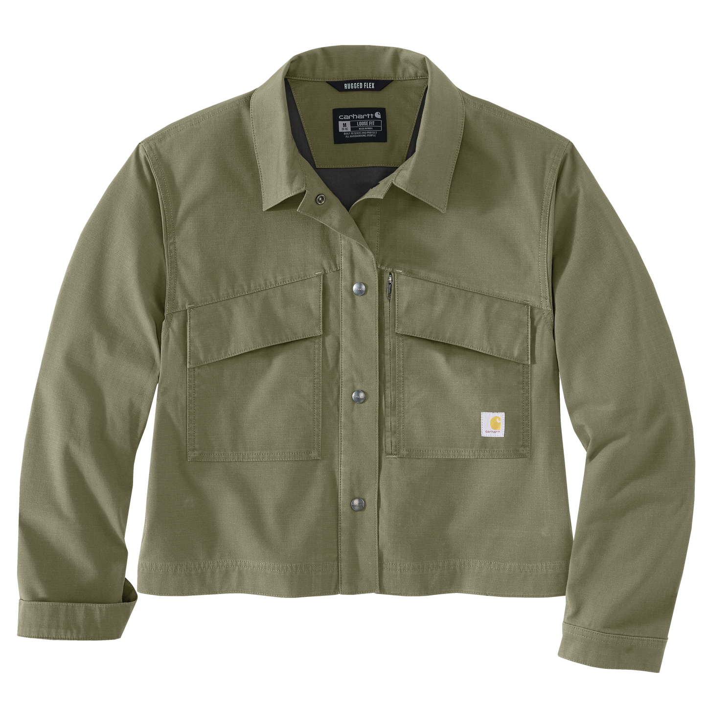 Olive green stretch cotton-blend ripstop utility jacket for women with snap-button front, two large chest pockets, and relaxed fit from Carhartt.