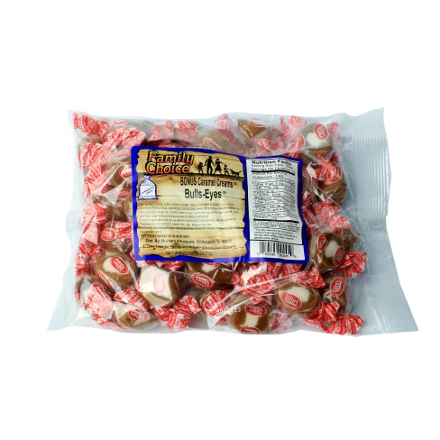 Clear plastic bag filled with individually wrapped caramel cream bulls-eyes candies with red and white wrappers