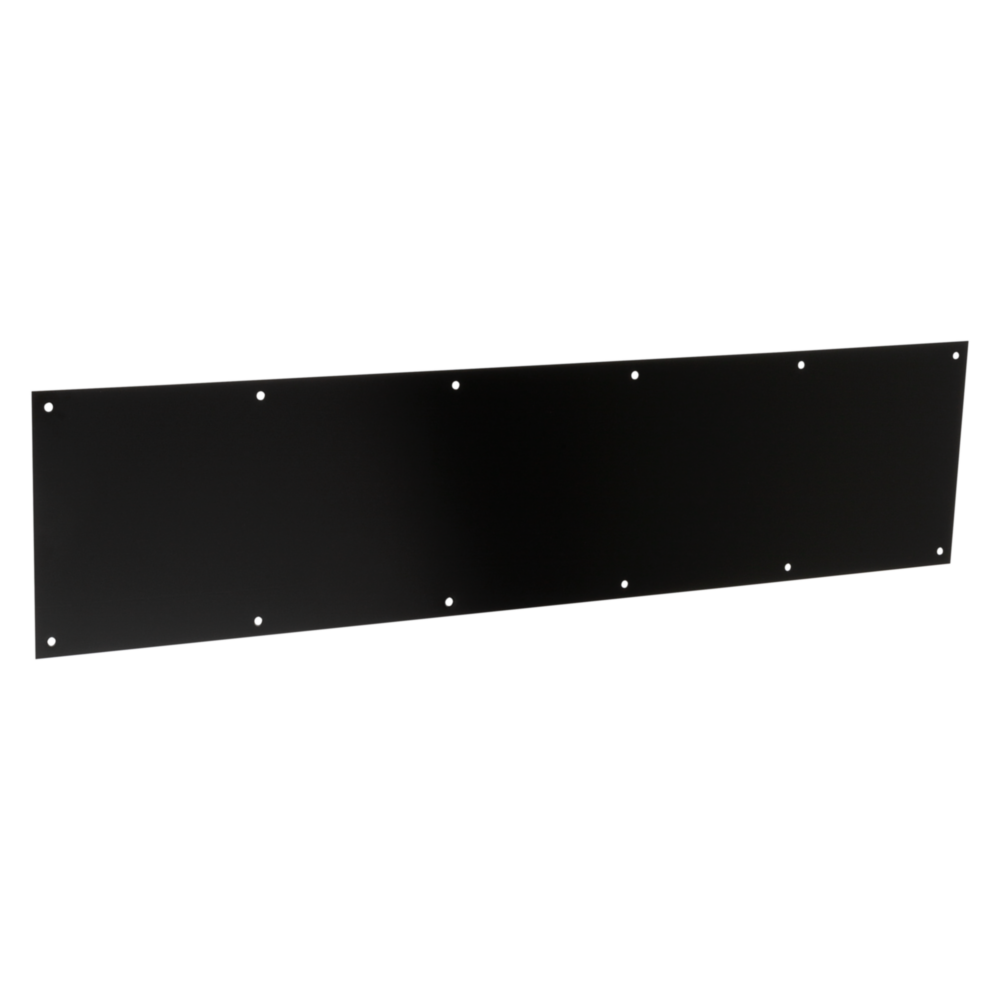 Matte black aluminum kickplate with screw holes for door protection in door accessories and hardware collections