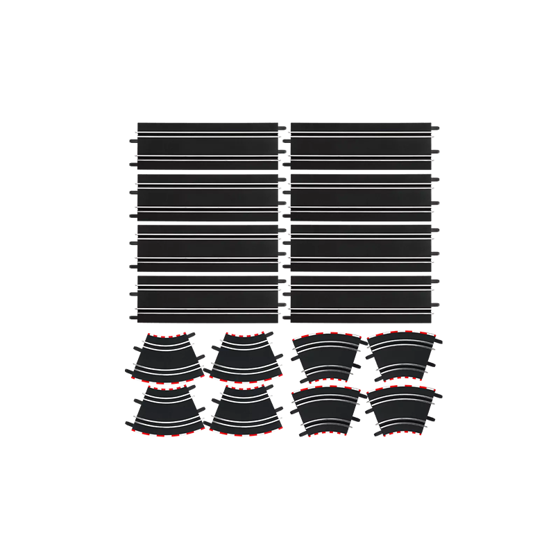 Set of straight and curved slot car track pieces designed for expanding digital racing layouts by Carrera brand